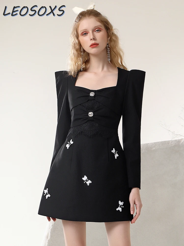 Niche Elegant Black Dress Women Spring Autumn New Three-Dimensional Dragonfly Decorative Right-Angle Shoulder Long Sleeve Dress