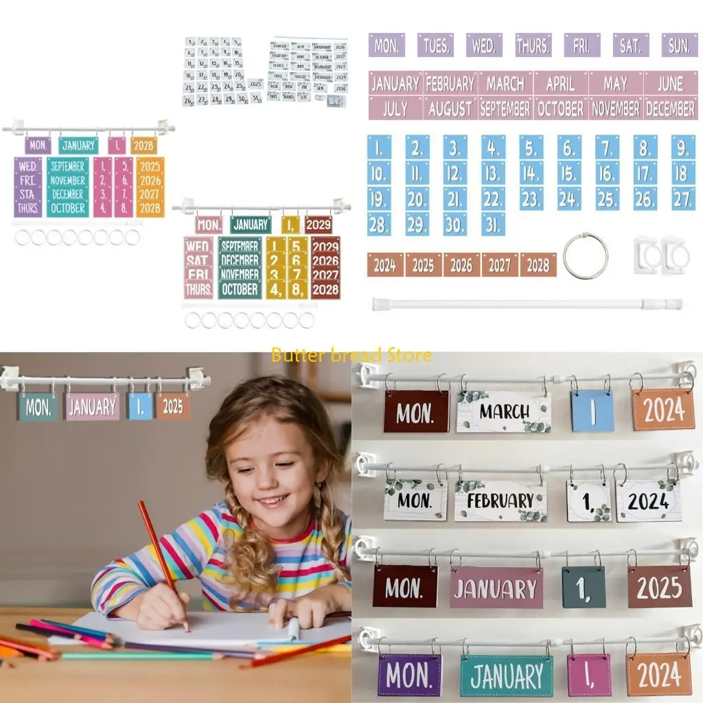 W89C Flipping Calendar Set Includes Telescoping Holder Rod 54 Date Card Adjustable Binder Rings For Classroom Home Decoration