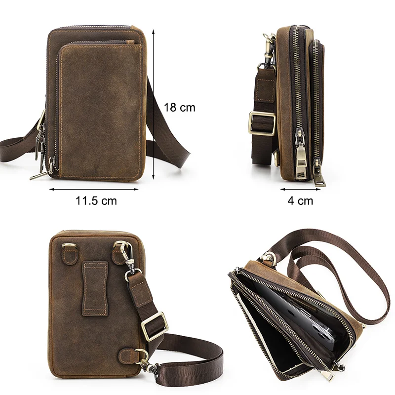 Riñonera pequeña informal de cuero genuino para hombre, bolso de hombro, diseño de mensajero, cinturón de viaje para teléfono de 6,7 pulgadas