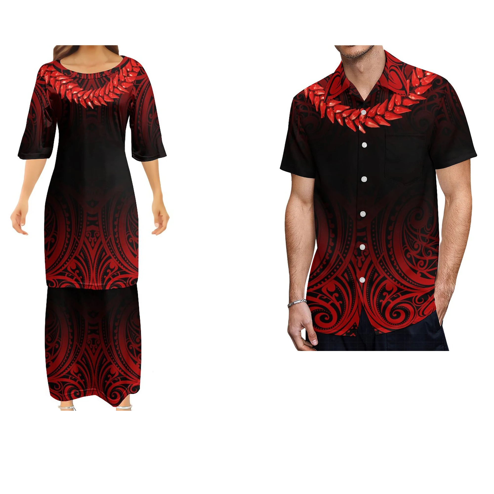 Custom Women's Dress Polynesian Vintage Grain Ula Nifo Print Samoan Necklace Party Evening Couple Shirt Set