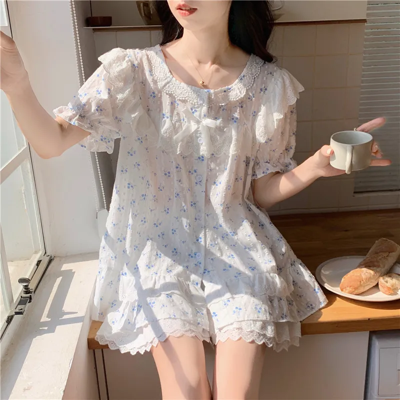 100% Cotton Pajama Set Summer Princess Sleepwear Lace Short Sleeve Ruffles Home Wear Night Clothes Floral Print Pyjamas S194