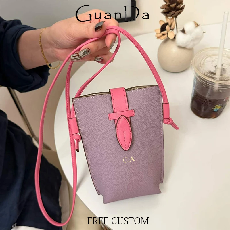 Casual Woman Personalized Crossbody Bag Fashion Luxury Genuine Leather Phone Bag Custom Name Travel Lady Card Wallet Bucket Bag