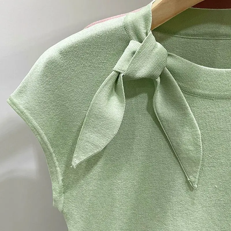 Summer Fashion Lacing Solid Color Short Sleeve Top Tee Ladies All-match Bow Knitting T-Shirts Women Clothes Simplicity Pullovers