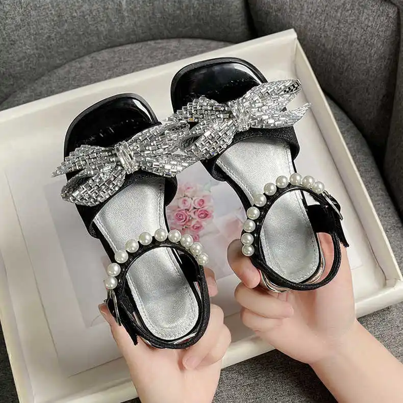 Elegant Girls\' Chic Party Shoes Bowknot Solid Color Simple 2023 Summer New Versatile Children\'s Low-heel Sandals for Wedding PU