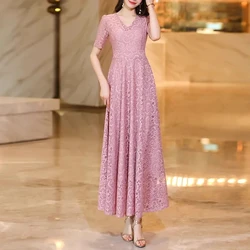 Fashionable Age Reducing Lace Dress Women 2024 Summer New Light Luxury Temperament, Waist Reducing Slim Short Sleeved Long Skirt