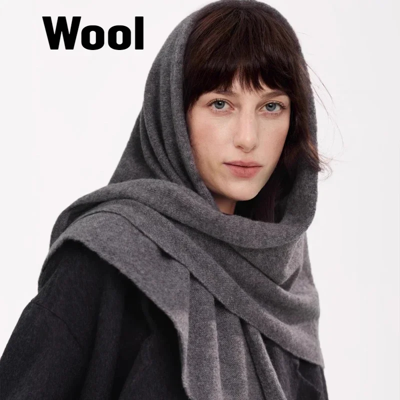 2024 Trend Large Triangle Shawl Knitted Scarf 100% Wool Women Knitted Accessories Cape Casual Soft Warm Cappa Cozy Black Gray