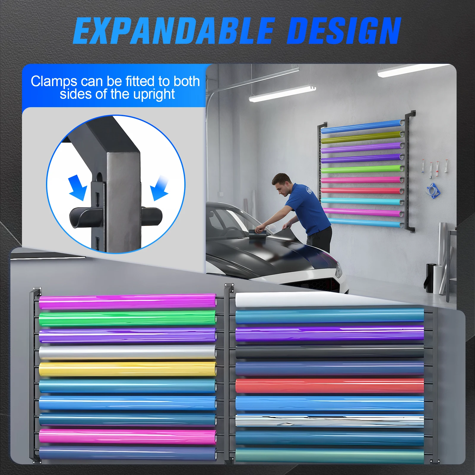 

10-Rolls Multi-Use Wall Mount Storage Rack with Adjustable Hanging Rod Car Wrap Protection Film Holder Stand for Garage Workshop