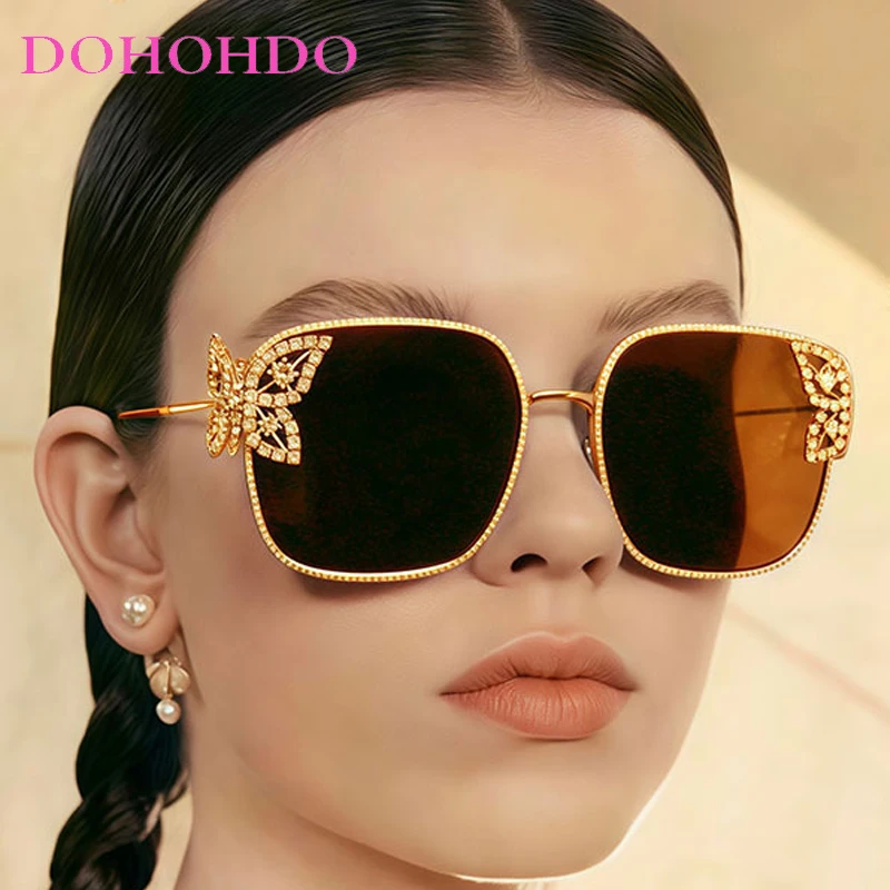 

Trendy Oversized Square Sunglasses Women New Designer Rhinestone Butterfly Metal Frame Sunglasses Travel Shades Eyeglasses UV400