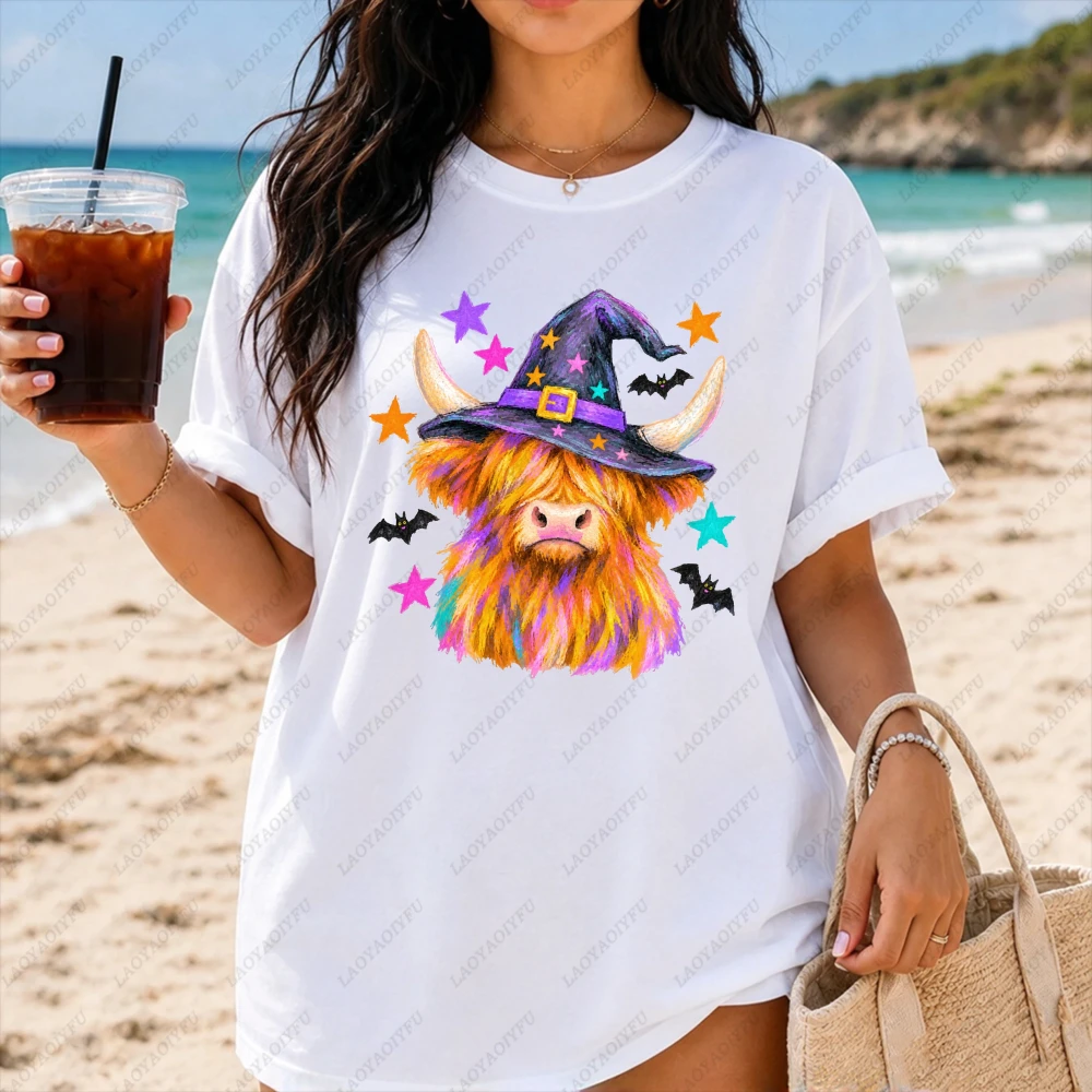 Rainbow Highland Cow Witch Stars Bats Graphic Women Casual Short Sleeve T-Shirt Cute Halloween Spooky Farm Animal Funny Shirt