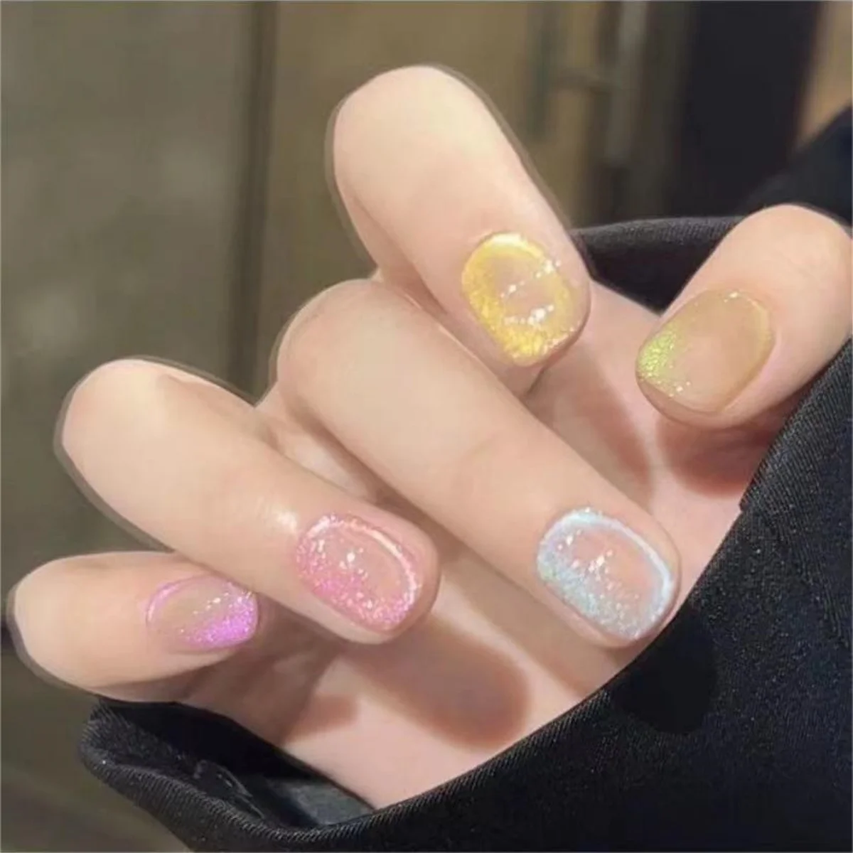 10 pezzi fatti a mano unghie finte arte colorata occhio di gatto corto quadrato copertura completa punte per unghie moda semplice dolce stampa su set di unghie finte