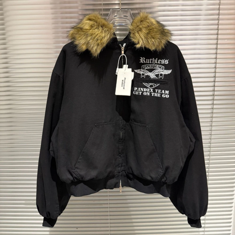 Protocol Index 2026 Washed-aged distressed short-wide boxy style fur-trimmed coat Detroit jacket for men