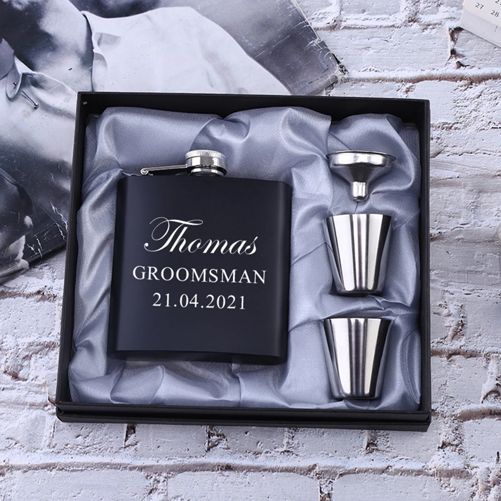 

Personalized Engraving 6oz Black Stainless Steel Hip Flask Groomsmen Groom Gift Wedding Party Best Man Gift With Box Custom Logo