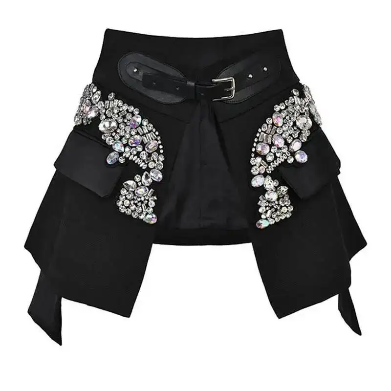 EAM Black Irregular Rhinestones Belted Mini Half-body Skirt High Waist Women Fashion Tide New Spring Autumn 2026 JY75801