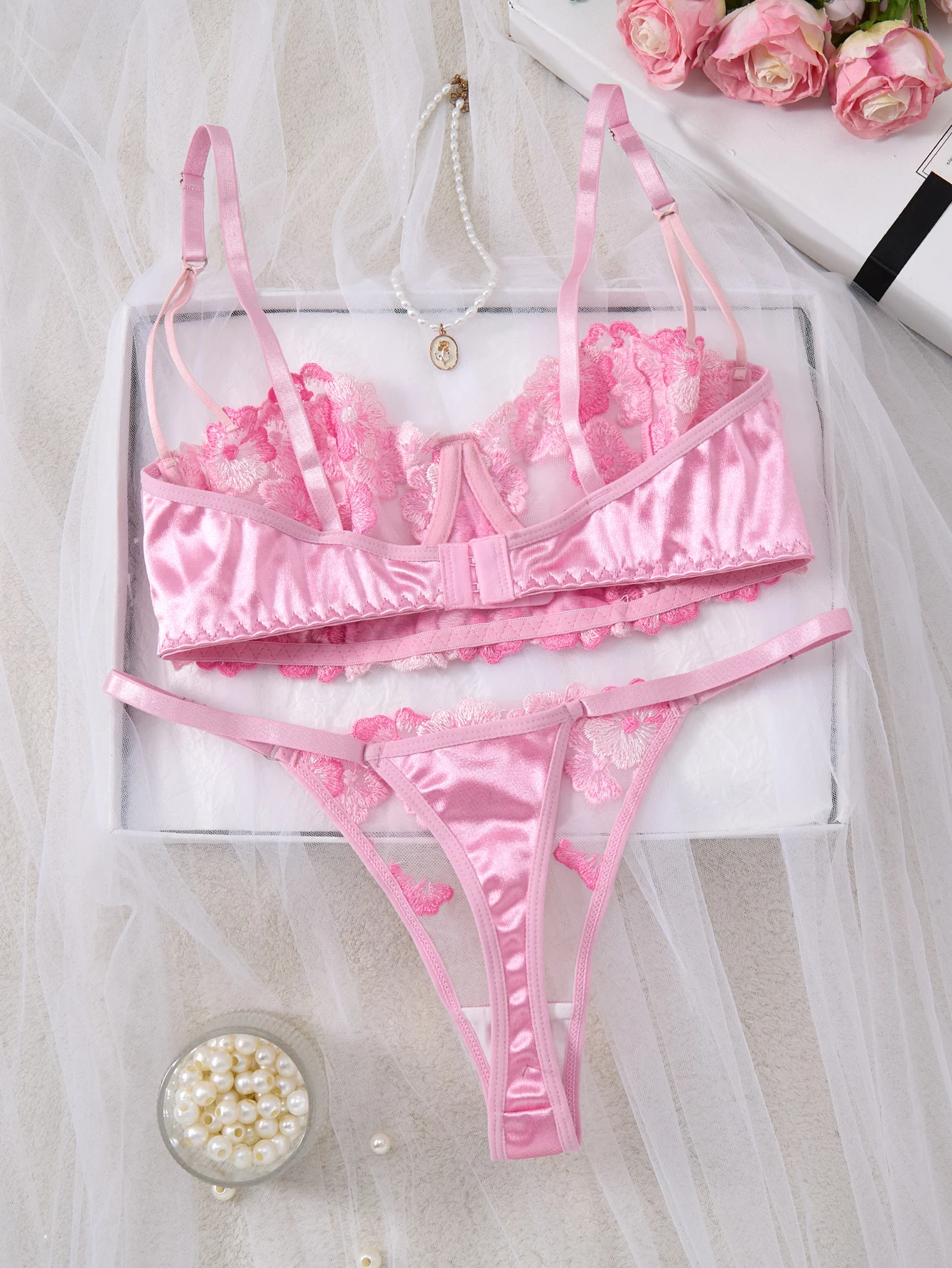Women Pink Floral Embroidery L - Sheer Mesh Bra ulasan dan harga