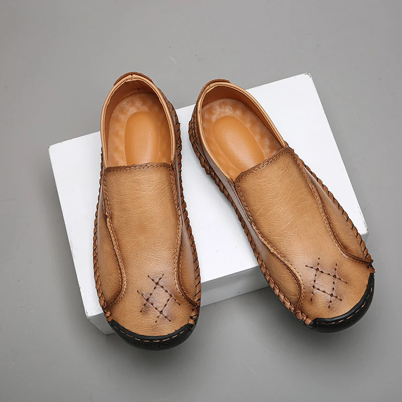 

Мужские повседневные лоферы из искусственной кожи с плоской подошвой, сшитая вручную, удобная дышащая деловая мужская обувь