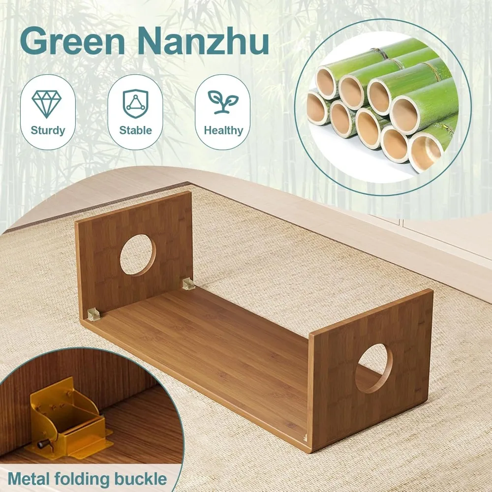 Foldable Japanese Floor Table Low Bamboo Coffee Table for Tatami Meditation, Easy Assembly, Space-Saving Design, Ideal for Small