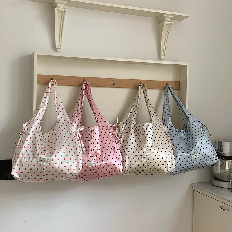 Spring Simplicity Shiny Satin Polka Dot Drawstring Bow Bag for Girl Korean Sweet Style Large Capacity Shoulder Tote for Women