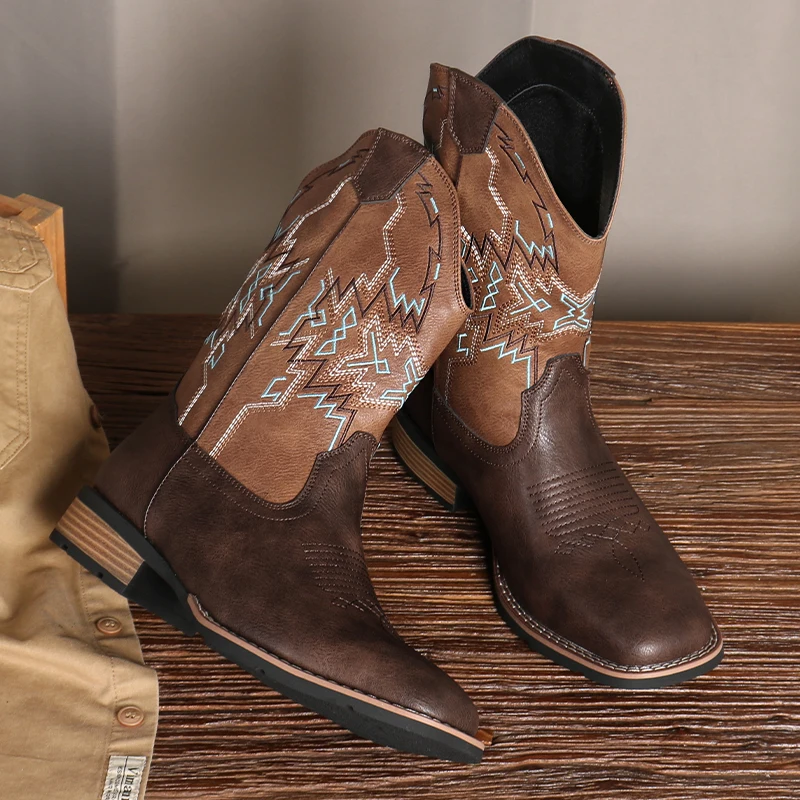 

Pointed Toe Embroidery Cowboy Men Westerm Boots Retro Chunky Heel Slip-on Ankle Boots Country Music Festival Male Shoes