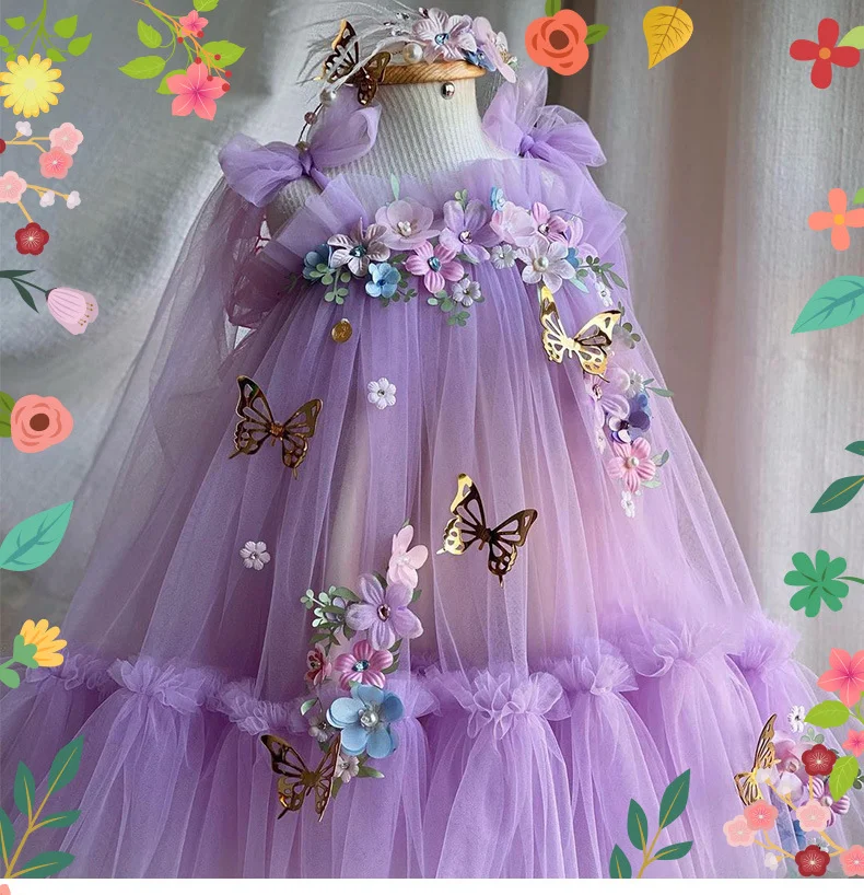 elegant girl evening dress Purple fluffy butterfly wings girl princess dress Carnival High end Performance Dress cute 2-6-year-o