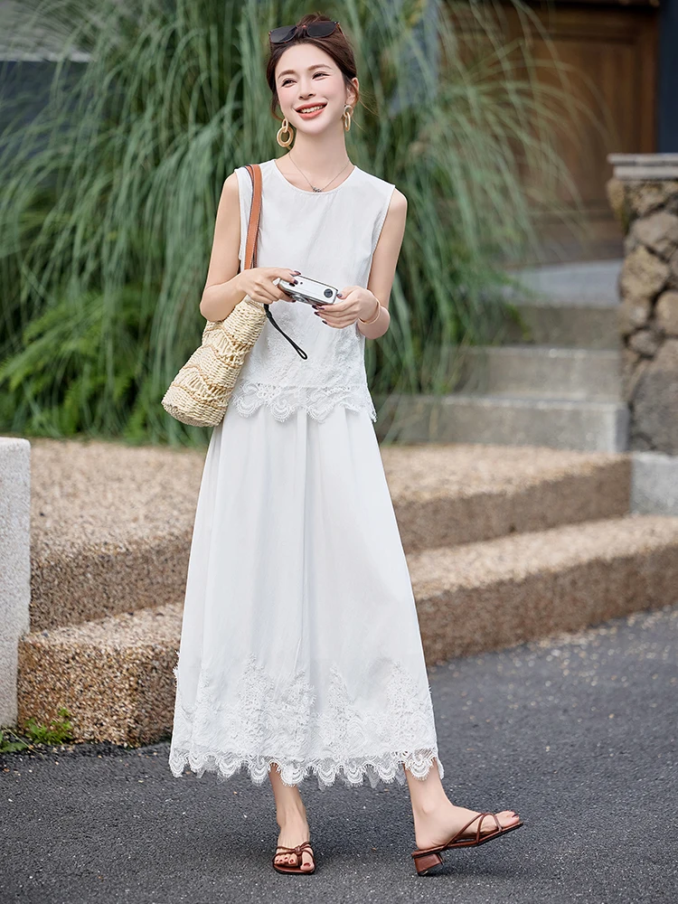 

Fashionable Lace Splice Dress Women's Sleeveless round Neck Two-Piece Set Summer 2026 Elegant Quality Ensemble