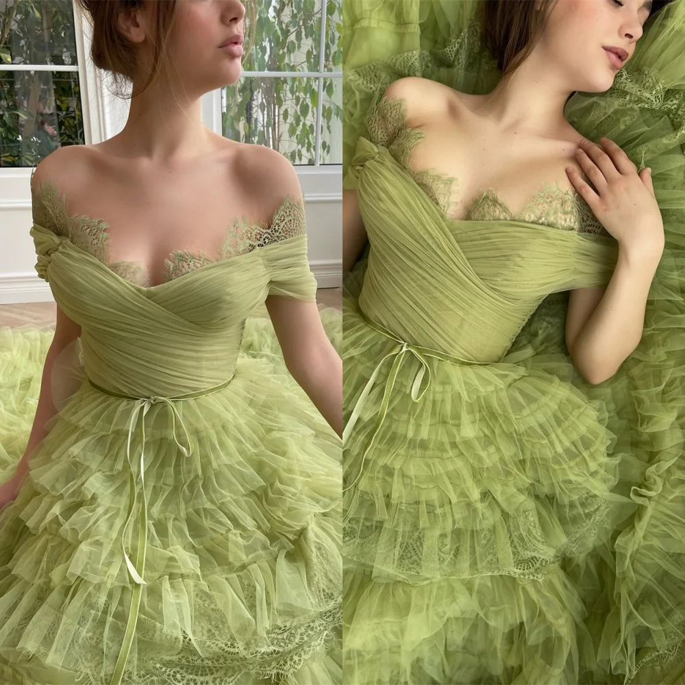 

Customized Charming Green Tulle Evening Dress Classic Off the Shoulder Sleeveless Homecoming Dress High Quality Party Gowns
