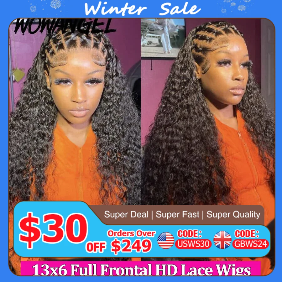Wow Angel 36inch Water Wave 13x6 Full Frontal HD Lace Wigs 250% Curly Wigs HD Lace Front Human Hair Wigs Melt Skins For Woman