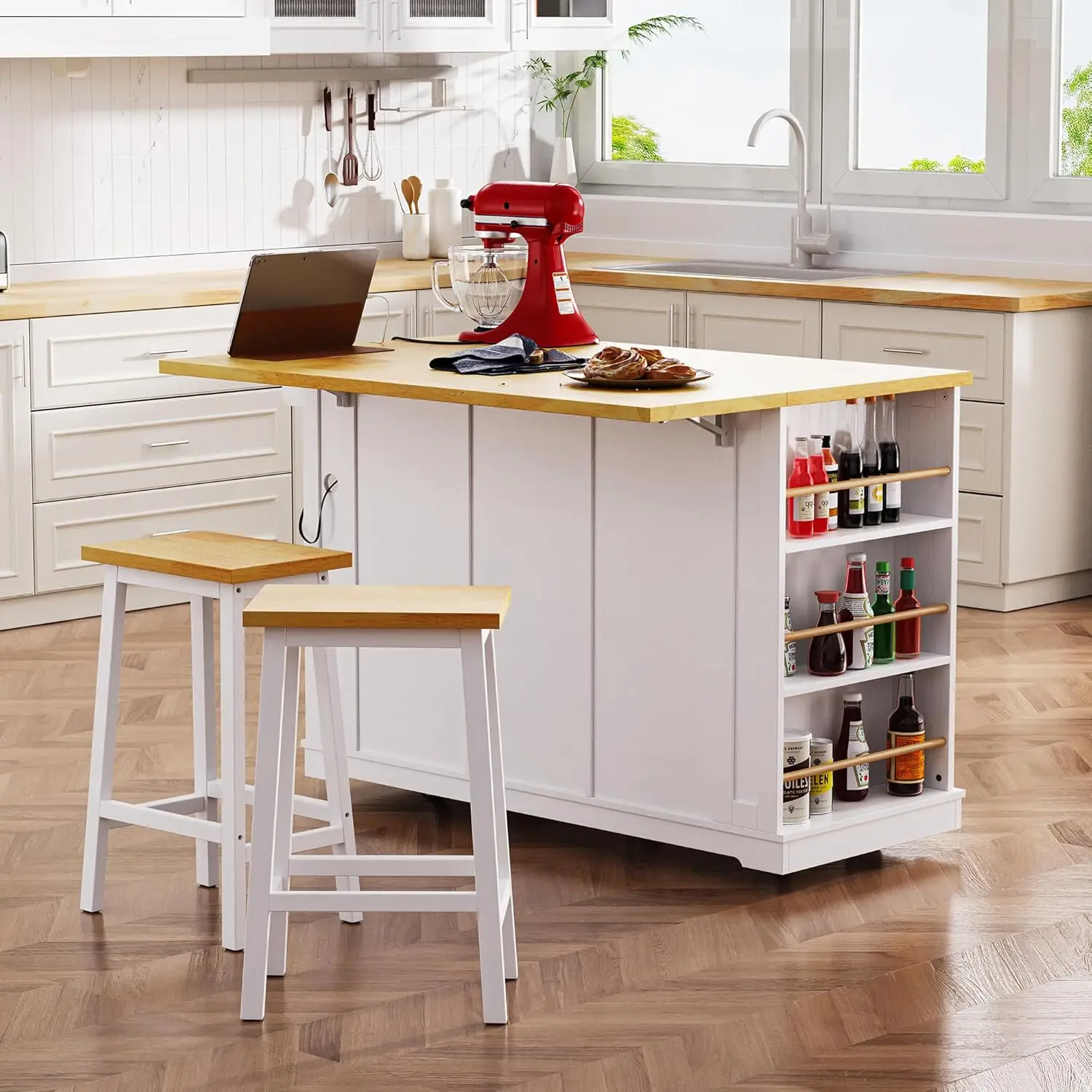 Rolling Kitchen Island with Drop Leaf and Power Outlet - Moveable Kitchen Storage Island  Carts with Racks, Drawers and Shelves