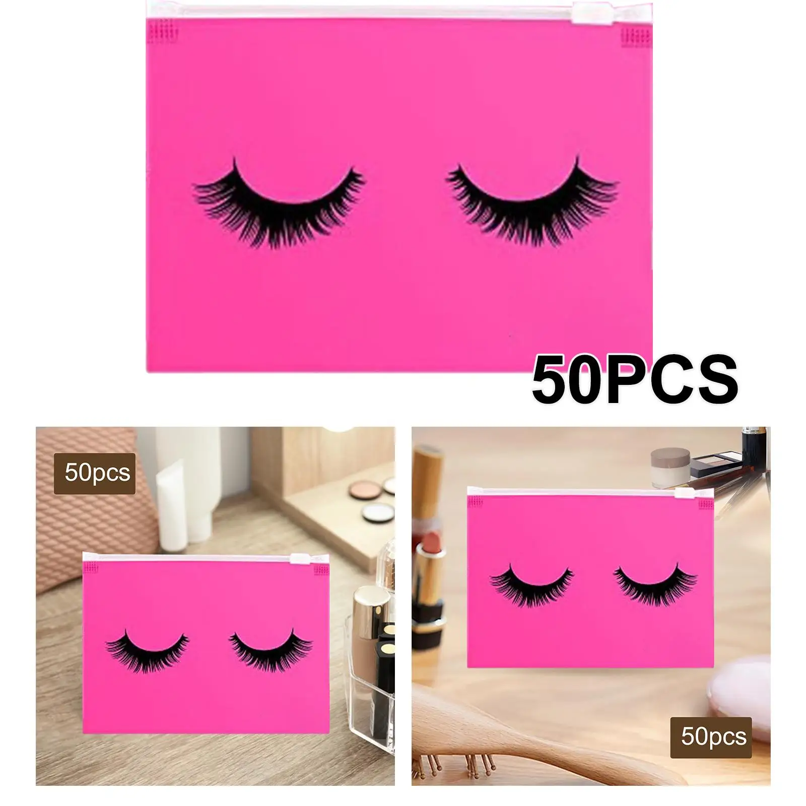 2-4 عبوة من 50 قطعة من أكياس الرموش مع سحاب رائع مقاس 15 × 10 سم وردي