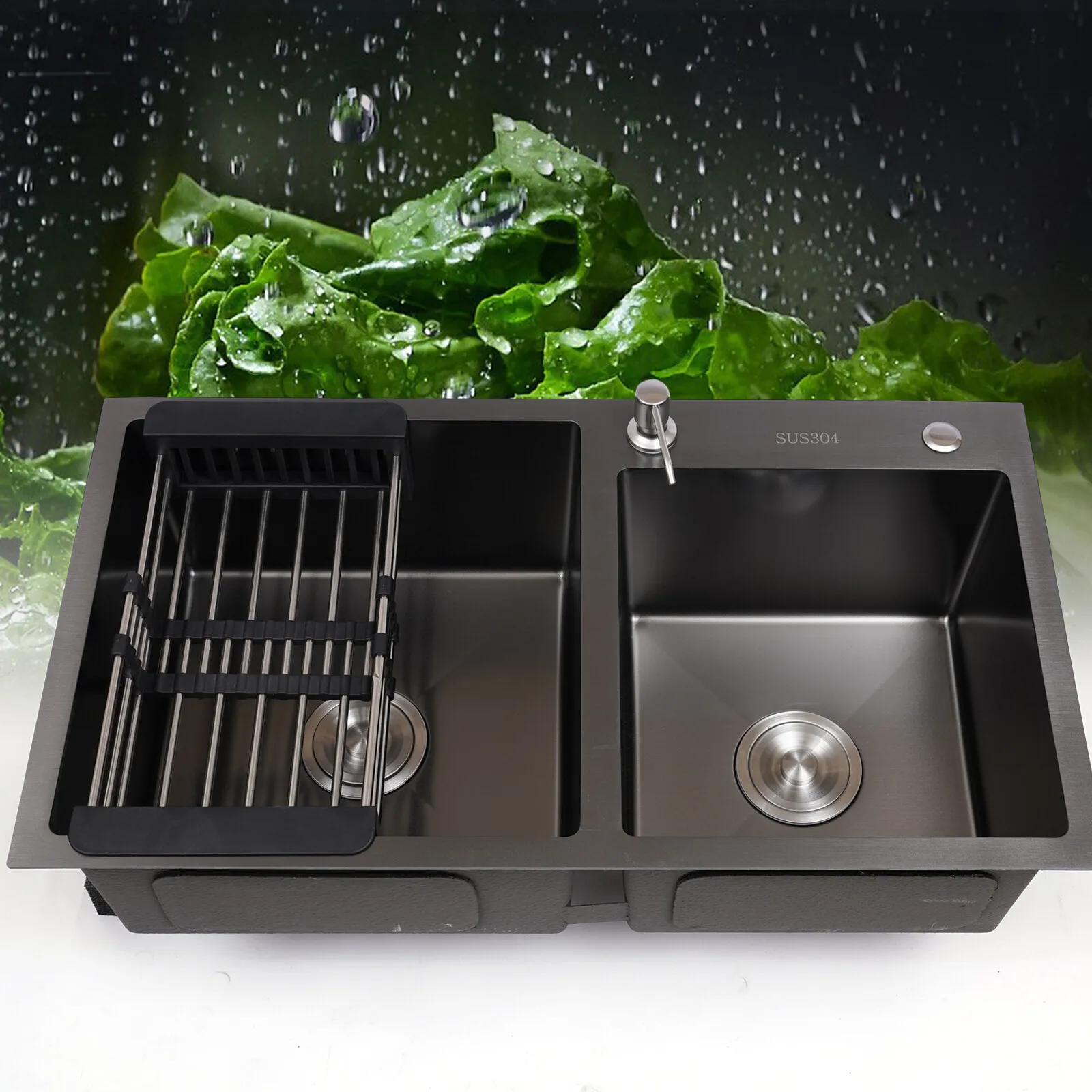 Fregadero de cocina de acero inoxidable, cesta empotrada de doble cuenco con escurridor + dispensador de jabón