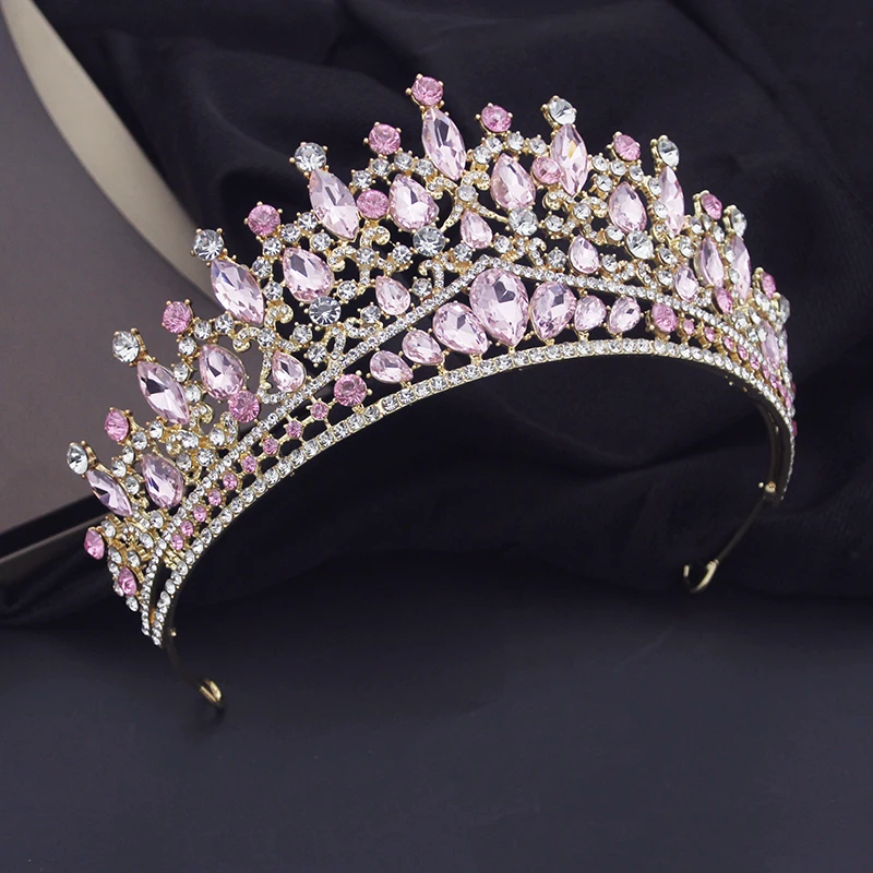 Luxury Pink Crystal Tiaras and Crowns for Queen Bridal Wedding Hair Jewelry Prom Party Girls Bride Headdress Accessories