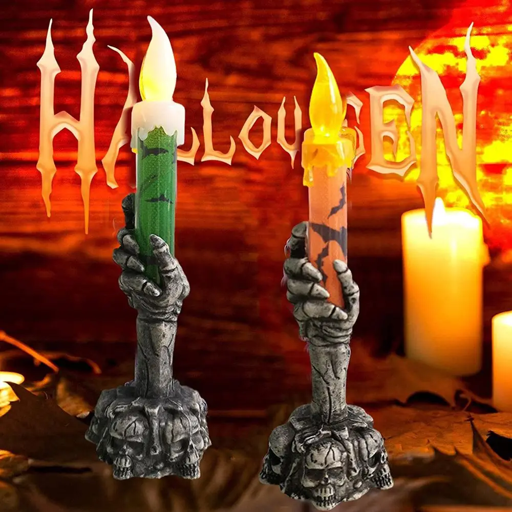 Electronic Haunted House Ornaments Bar Home Decor Lamp Skull Candle Ghost Holding Candle Party Decoration Halloween LED Lights