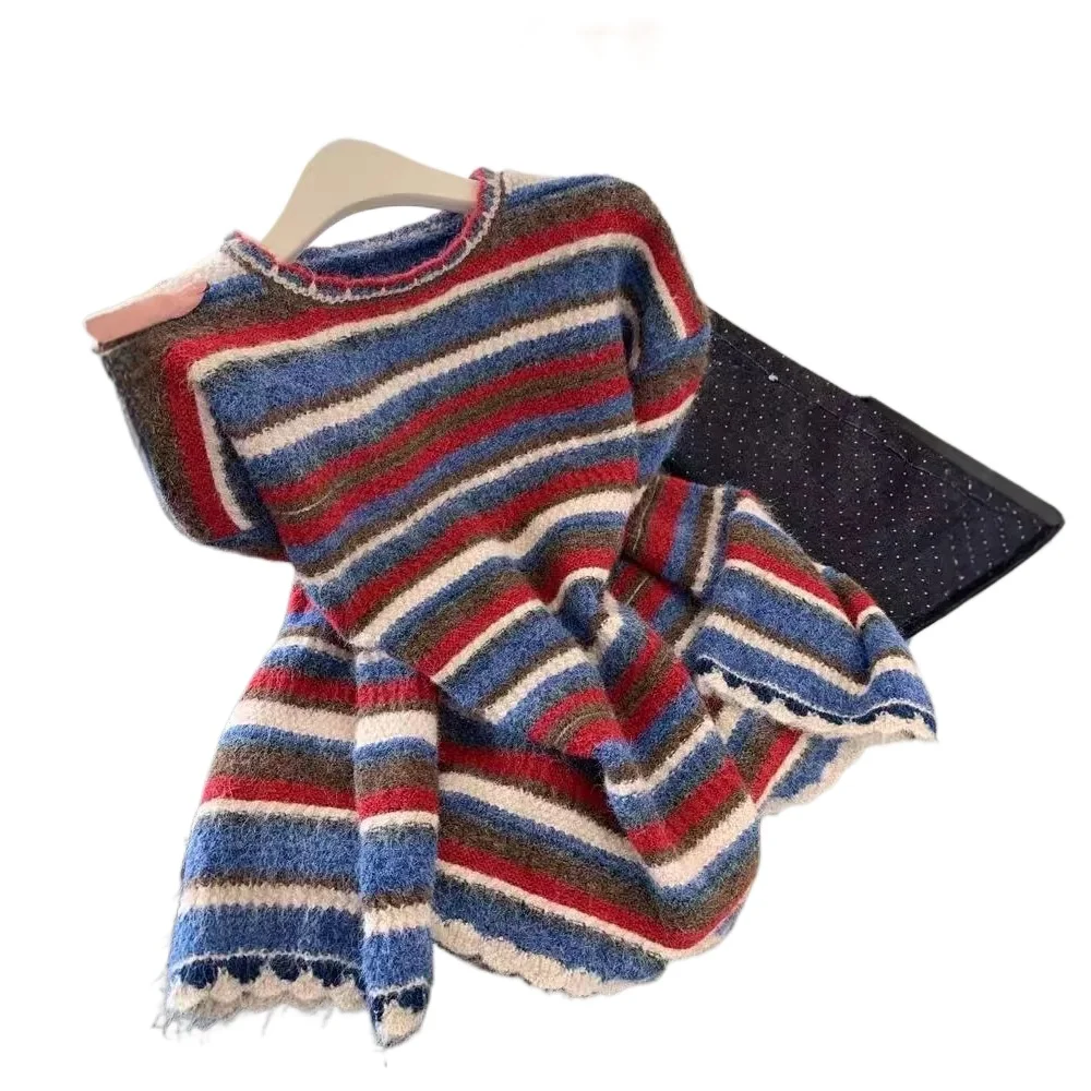 

Contrasting Color Striped Lace Crew Neck Knitted 2026 Spring and Summer New Temperament Can Worn Outside and Inside Design Top