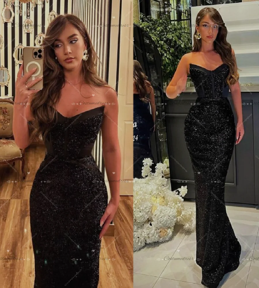 Urocza czarna sukienka wieczorowa z cekinami, dekolt w serduszko, krój syreny, na urodziny, okazję, studniówkę, elegancka, długa do podłogi, błyszcząca, formalna na przyjęcie.