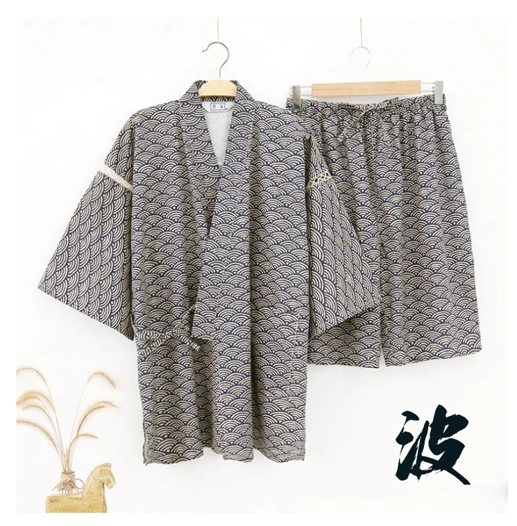 Japanese Samurai Kimono Set Summer Traditional Short Sleeve V-neck Jinbei Sleepwear Spa Sauna Bathrobe Pajamas Haori Shorts