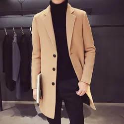 Outono e inverno fino ajuste longo casaco de lã para lapela de peito único masculino, moda de rua negócios trench coat para roupas masculinas