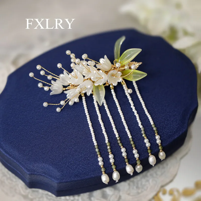 FXLRY Original Handmade Natural Pearl Elegant Lily Of The Valley Flowers Hairpin Side Clip Women's Side Clip Headdress