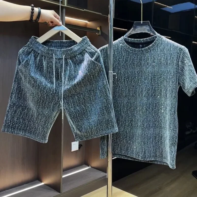 

Летний костюм из футболки и шортов с коротким рукавом, Мужская модная Роскошная тонкая дышащая модель звездного неба, костюмы из двух предметов