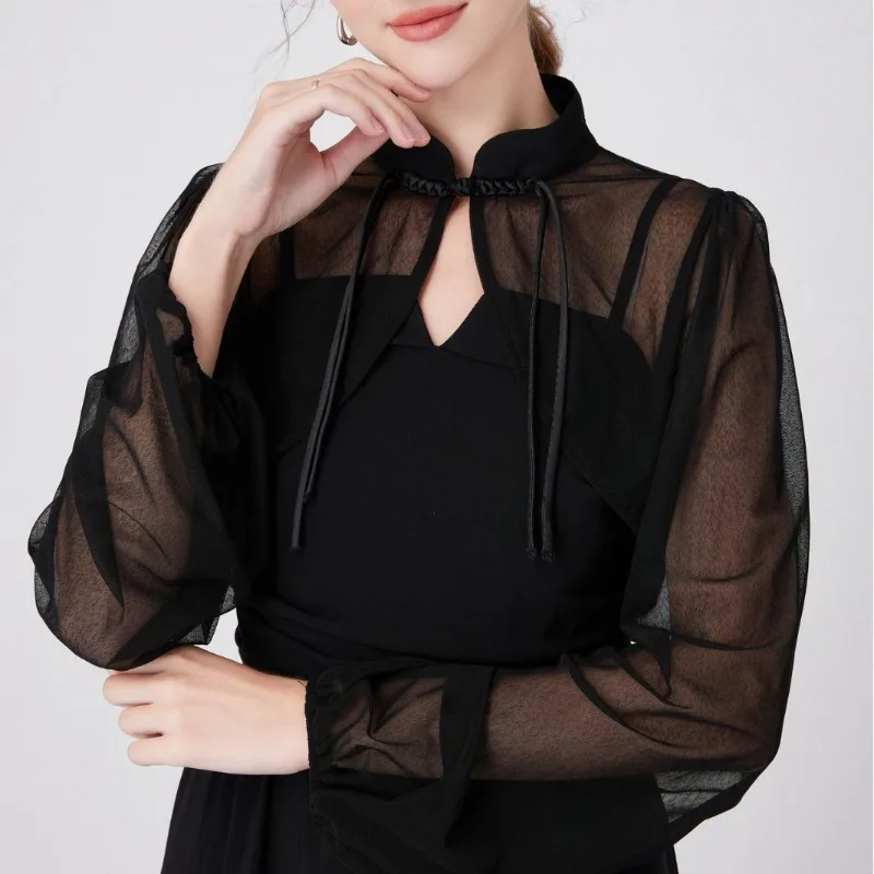 1 PcTraditional Chinese Spring/Summer Long-Sleeved Collar Buttoned Shoulder Cover Sunscreen Coat Blouse