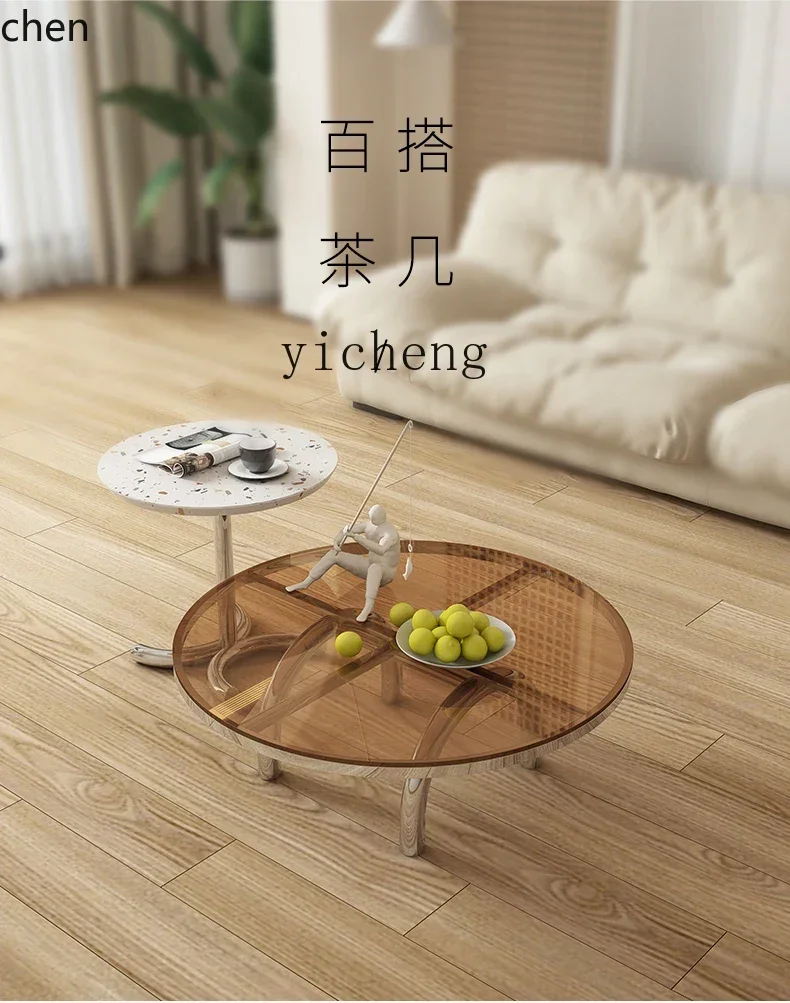 ZMLglass round coffee table small apartment living room household stainless steel size round coffee table
