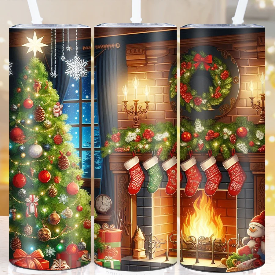 20oz Xmas Festive Coffee Cups Straw Lid 1Pc 3D Print Christmas Tree & Jingle Bell Tumblers Drink Mugs Stainless Straight Cups