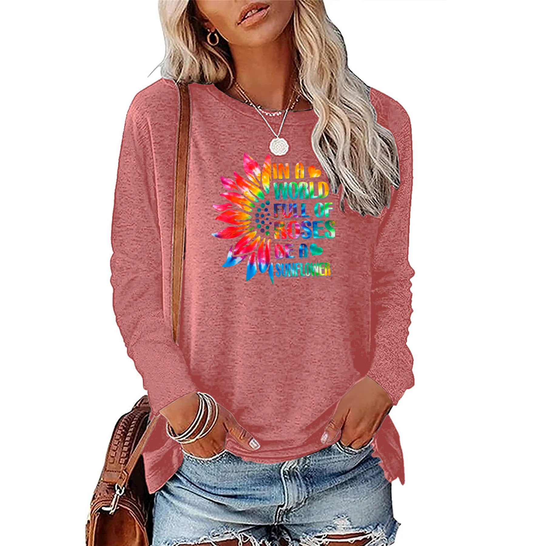 Interesting Retro Half Sunflower Letter Printed T-shirt Women\'s Gift Long Sleeve