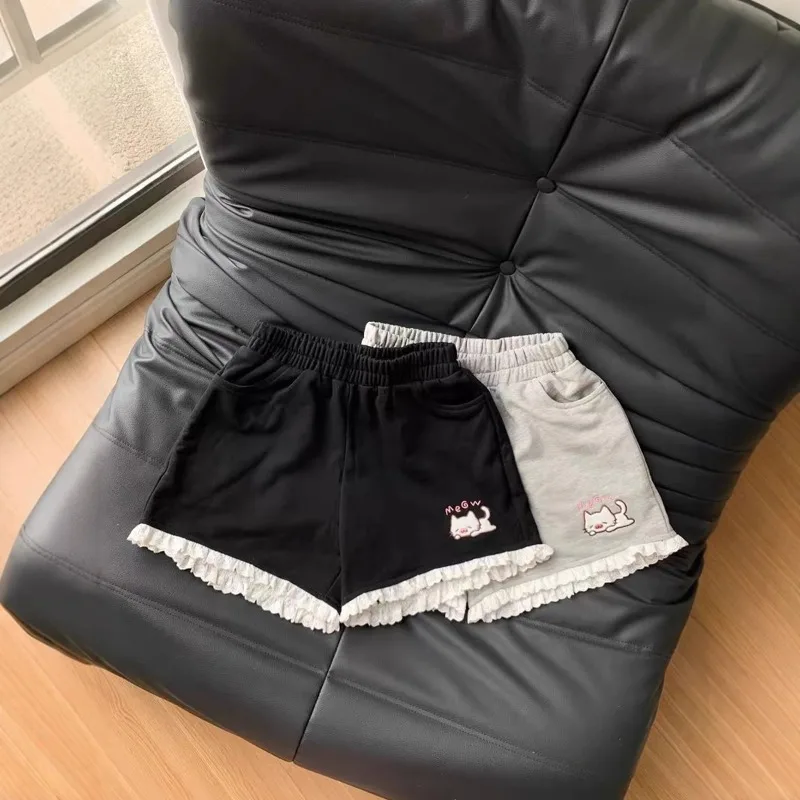 Summer 2025 New Japanese Sweet Cute Cartoon Embroidered Lace Versatile Shorts Student Loose Casual Wide Leg Short Pants Women