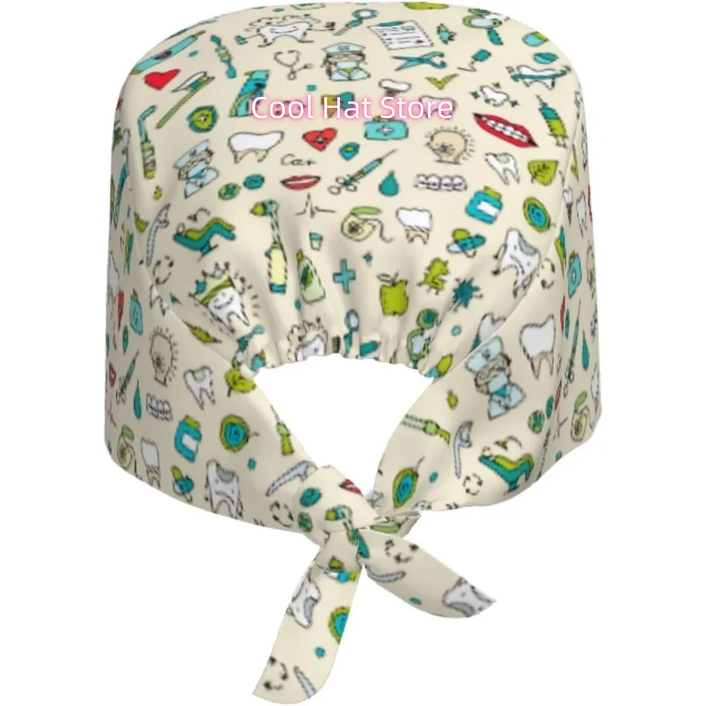 1pc Adjustable Scrub Cap with Sweatband & Icons - Lightweight Quick-Dry Nurse Hat, Elastic Band & Tie-Back Closure, Unisex Surgi