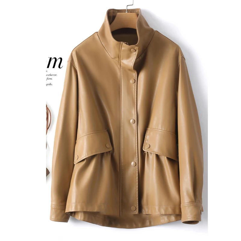 M-3XL Fashion Stand Collar Shrink Waist Sheepskin Jackets 2024 Fall Casual Loose Female Zipper Covered Button Split Leather Coat