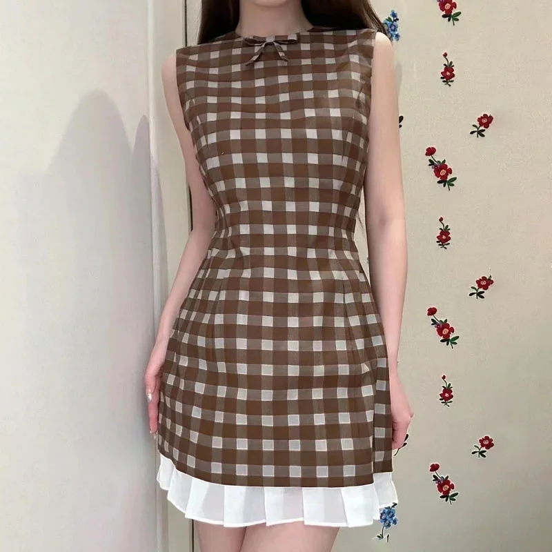 

fashion summer dresses 2024 New in Contrast patchwork women's mini dress plaid print slim Short dresses wool blend Party dresses