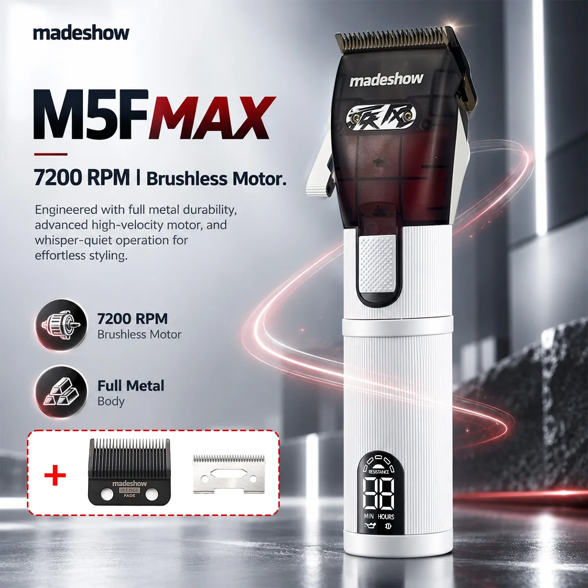 Madeshow M5F MAX Professional Hair Cutter Fade Low Noise Brushless Motor Full Metal LED Display Hair Cutting Machine for Men
