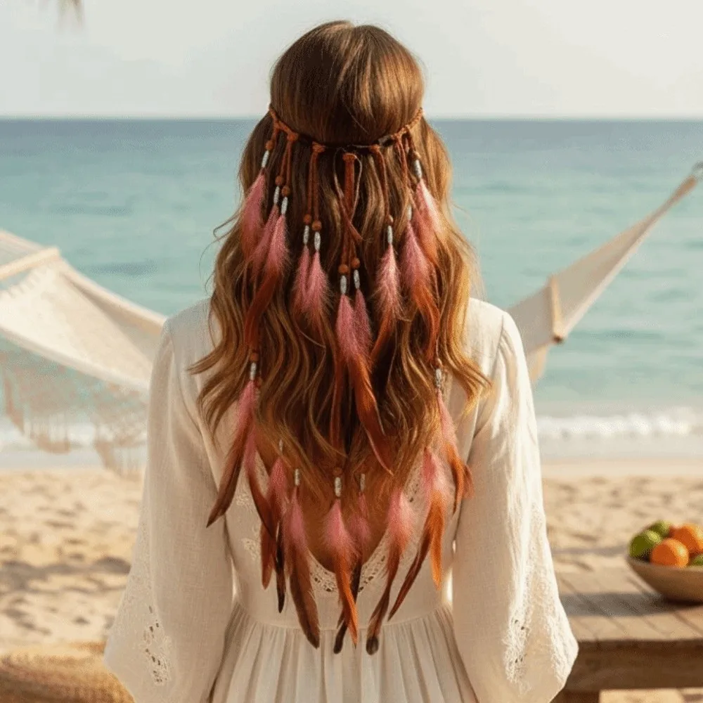 

Synthetic Braided Cord Boho Feather Headpiece Vibrant Orange Plumage Adjustable Slide Bead Tribal Hair Extension Secure Fit Band