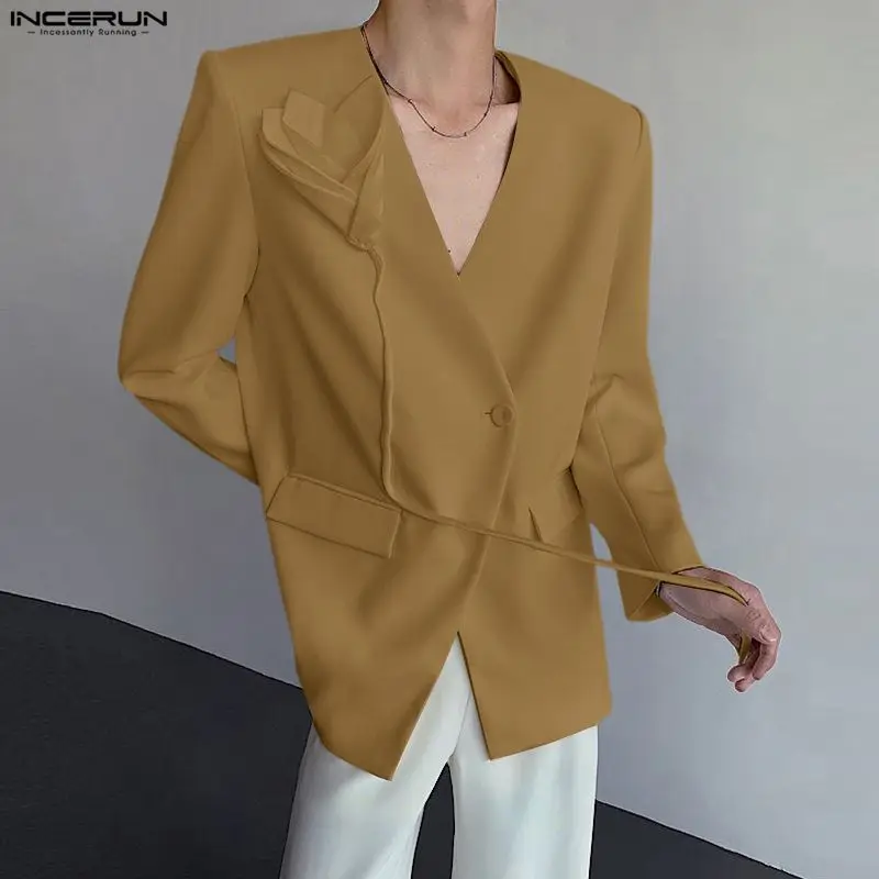 

INCERUN Men Blazer Solid Color V Neck Long Sleeve Button Casual Suit Men Streetwear Loose Elegant Fashion Thin Coats Men S-5XL