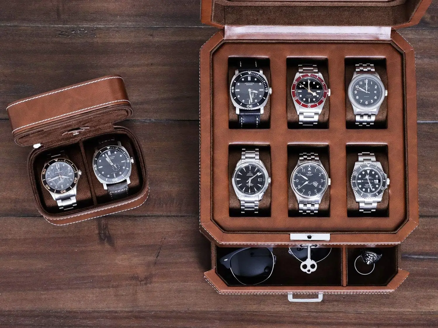 Gift Set 6 Slot Leather Watch Box with Valet Drawer - Luxury Watch Case Display Organizer, Microsuede Liner, Locking Jewelry Box