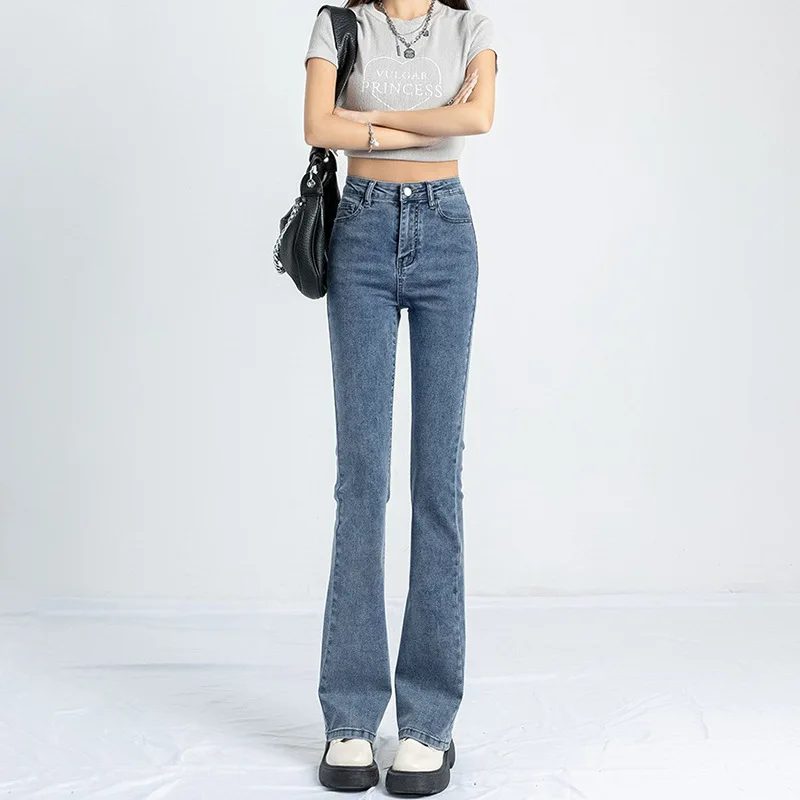 Women High Waist Chic New Blue Gray Horseshoe Bootcut Denim Streetwear Y2k Clothes Baggy Jeans Famale Flare Pants